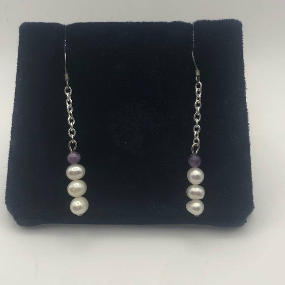 𝅺vtg Sterling Amethyst & Freshwater Pearl Chain Dangle Earrings 2” - Picture 3 of 5